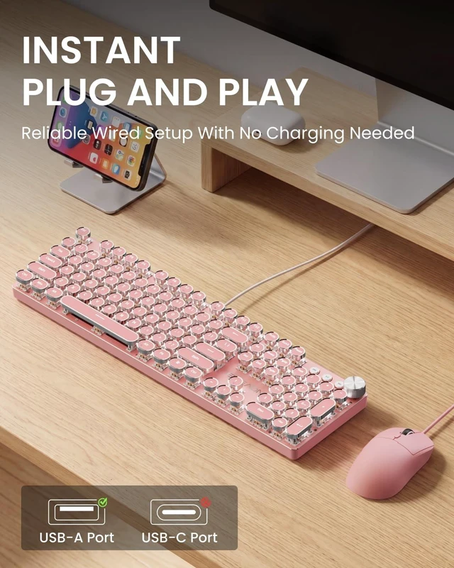 Alt view image 5 of 5 - Wired Typewriter Keyboard and Mouse Combo, White Backlit, Soft Clack, Pink