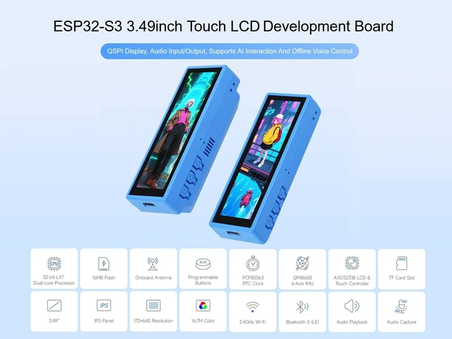 Alt view image 2 of 5 - ESP32-S3 Development Board with 3.49inch Touch LCD QSPI IPS Display, 172640 Resolution, ESP32-S3R8 Dual-core Processor, Support AI Interaction and Offline Voice Control (Without Battery)