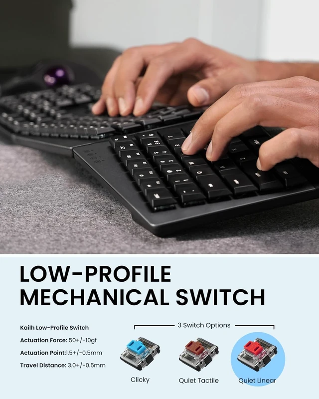 Alt view image 2 of 5 - Perixx PERIBOARD-735BR Wireless Ergonomic Mechanical Keyboard - Low-Profile Brown Tactile Switches - Multi-Device Connection - Compatible with Windows and Mac OS X - US English