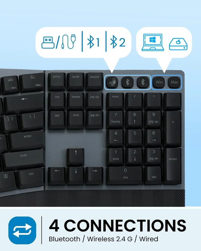 Alt view image 5 of 5 - Perixx PERIBOARD-735BR Wireless Ergonomic Mechanical Keyboard - Low-Profile Brown Tactile Switches - Multi-Device Connection - Compatible with Windows and Mac OS X - US English