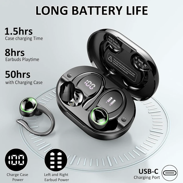 Alt view image 3 of 5 - 2026 Wireless Earbuds, Bluetooth 5.4 Headphones Sports, 50 Playback Over-Ear buds with 4 ENC Noise Cancelling Mics Deep Bass Fitness Earphones Gym Running Workout, IP7 Headset with Earhook LED
