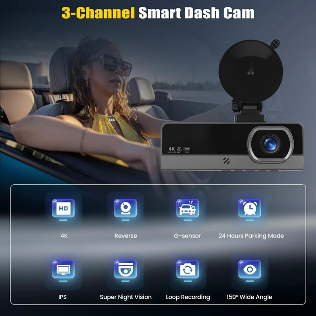 Alt view image 2 of 5 - 4K 3 Channel Dash Cam Front and Rear Inside 3.16 Inch Dash Camera for Cars