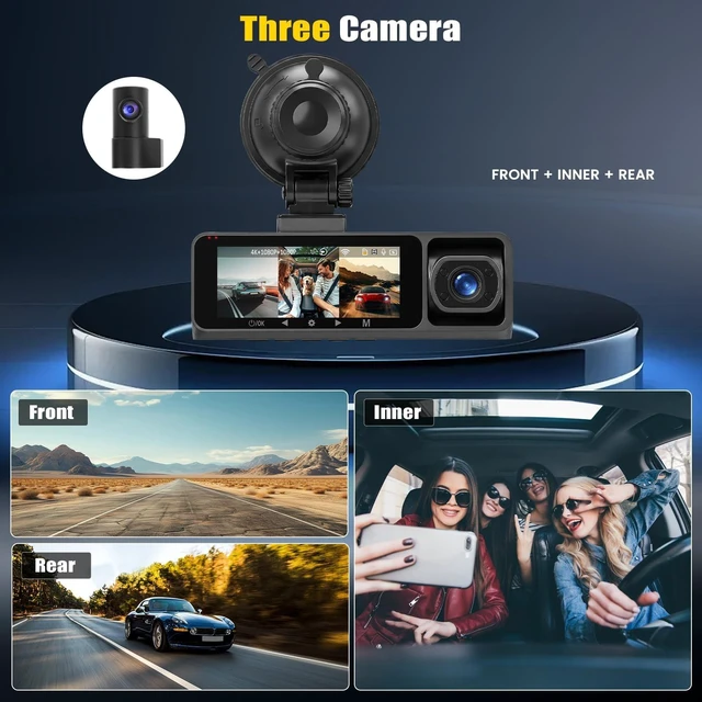 Alt view image 3 of 5 - 4K 3 Channel Dash Cam Front and Rear Inside 3.16 Inch Dash Camera for Cars