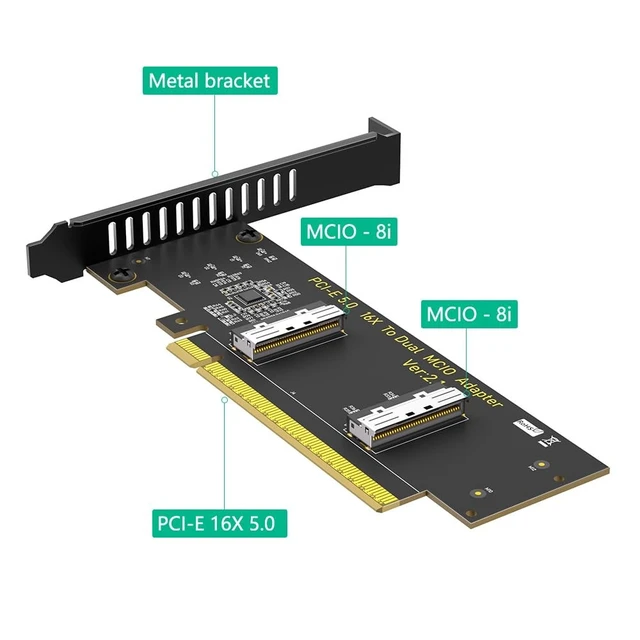 Alt view image 3 of 5 - Sintech PCIe 5.0 16x to Dual MCIO SFF-1016,PCI-e Bifurcation x16 to x8x8 Split MCIO 8X Adapter Card