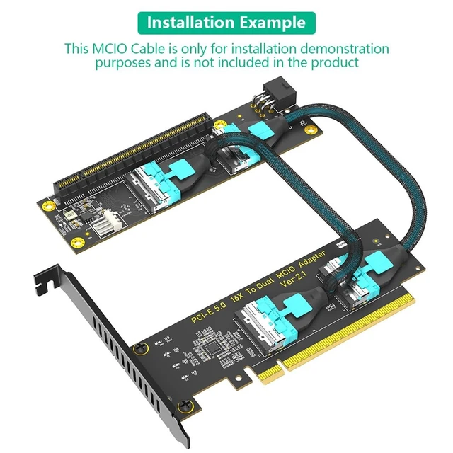 Alt view image 5 of 5 - Sintech PCIe 5.0 16x to Dual MCIO SFF-1016,PCI-e Bifurcation x16 to x8x8 Split MCIO 8X Adapter Card