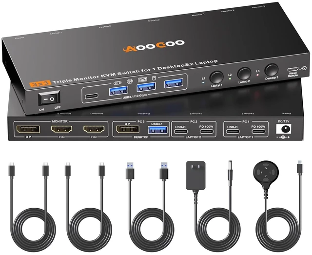 Main image of USB C DP KVM Switch 3 Computers 3 Monitors,4K/1080P@60Hz MST KVM Switch for 1 PC&2 Laptop Share 3 Monitor with 4 USB3.0 Devices,PD for Laptop, USB Cables and Power Adapter(4K USB C DP 3 in 3 Out KVM)