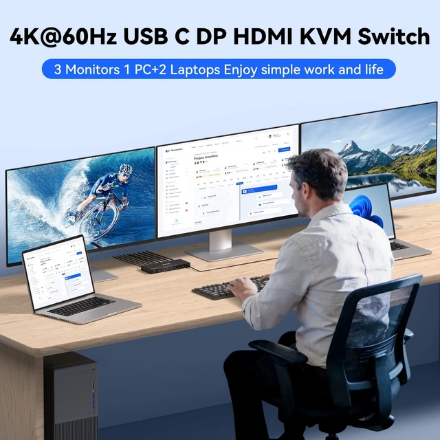 Alt view image 5 of 5 - USB C DP KVM Switch 3 Computers 3 Monitors,4K/1080P@60Hz MST KVM Switch for 1 PC&2 Laptop Share 3 Monitor with 4 USB3.0 Devices,PD for Laptop, USB Cables and Power Adapter(4K USB C DP 3 in 3 Out KVM)