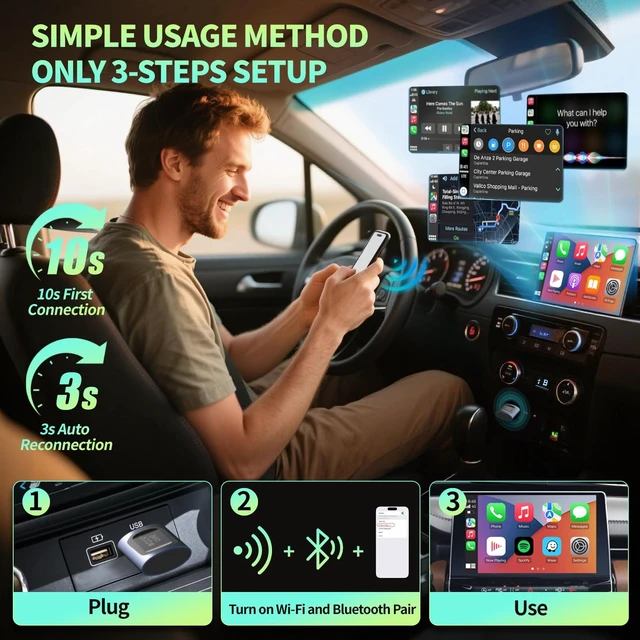 Alt view image 3 of 5 - 2026 Upgraded 2-in-1 Wireless CarPlay Adapter & Android Auto Wireless Adapter, Bluetooth Car Adapter for Wired to Wireless, Fast & Stable Auto-Connect, 5G WiFi & BT 5.4, Plug & Pl