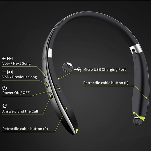 Alt view image 3 of 5 - Neckband Bluetooth Headphones with Retractable Earbuds, Foldable Wireless Headset with Vibration Call Alert, 18H Playtime, Noise Cancelling Earphones with Mic for Sports Running Driving Office