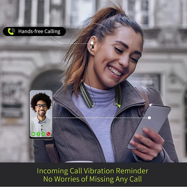 Alt view image 2 of 5 - Neckband Bluetooth Headphones with Retractable Earbuds, Foldable Wireless Headset with Vibration Call Alert, 18H Playtime, Noise Cancelling Earphones with Mic for Sports Running Driving Office