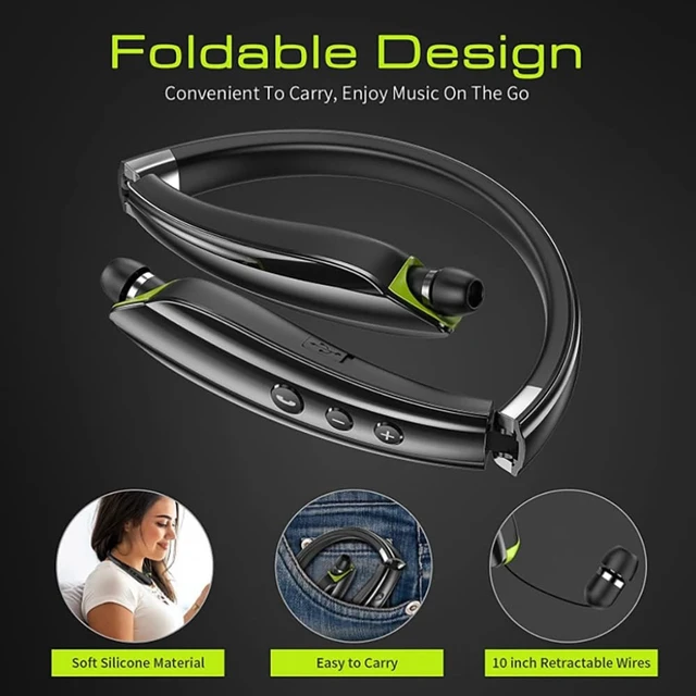 Alt view image 4 of 5 - Neckband Bluetooth Headphones with Retractable Earbuds, Foldable Wireless Headset with Vibration Call Alert, 18H Playtime, Noise Cancelling Earphones with Mic for Sports Running Driving Office