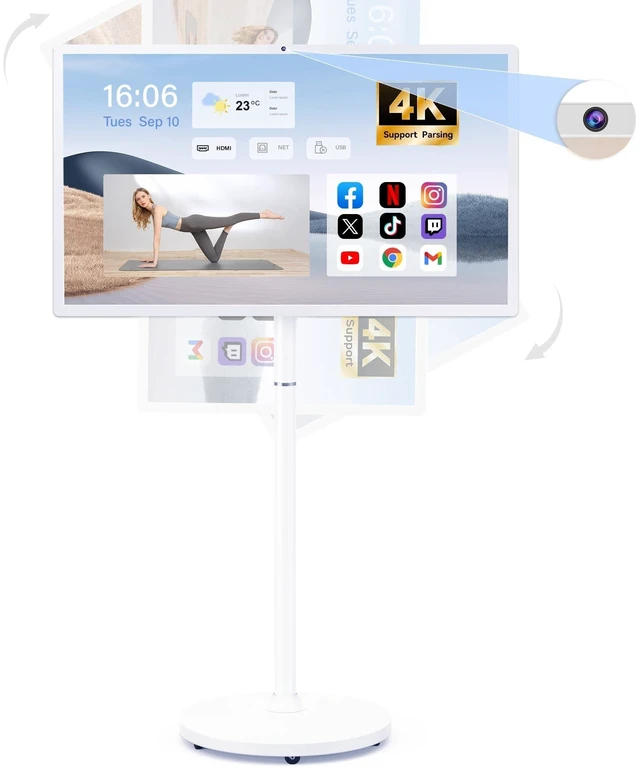 Main image of Bisprico 27" Portable Smart TV on Wheels, Qualcomm CPU, EDLA-Certified, Built-in 18000mAh Battery, 8+128GB, Android OS Rolling Tablet TV, Full Swivel Rotation, Remote Control, 13MP Webcam