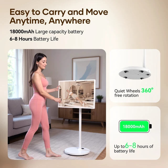 Alt view image 5 of 5 - Bisprico 27" Portable Smart TV on Wheels, Qualcomm CPU, EDLA-Certified, Built-in 18000mAh Battery, 8+128GB, Android OS Rolling Tablet TV, Full Swivel Rotation, Remote Control, 13MP Webcam