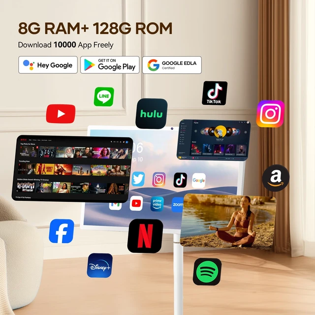 Alt view image 4 of 5 - Bisprico 27" Portable Smart TV on Wheels, Qualcomm CPU, EDLA-Certified, Built-in 18000mAh Battery, 8+128GB, Android OS Rolling Tablet TV, Full Swivel Rotation, Remote Control, 13MP Webcam
