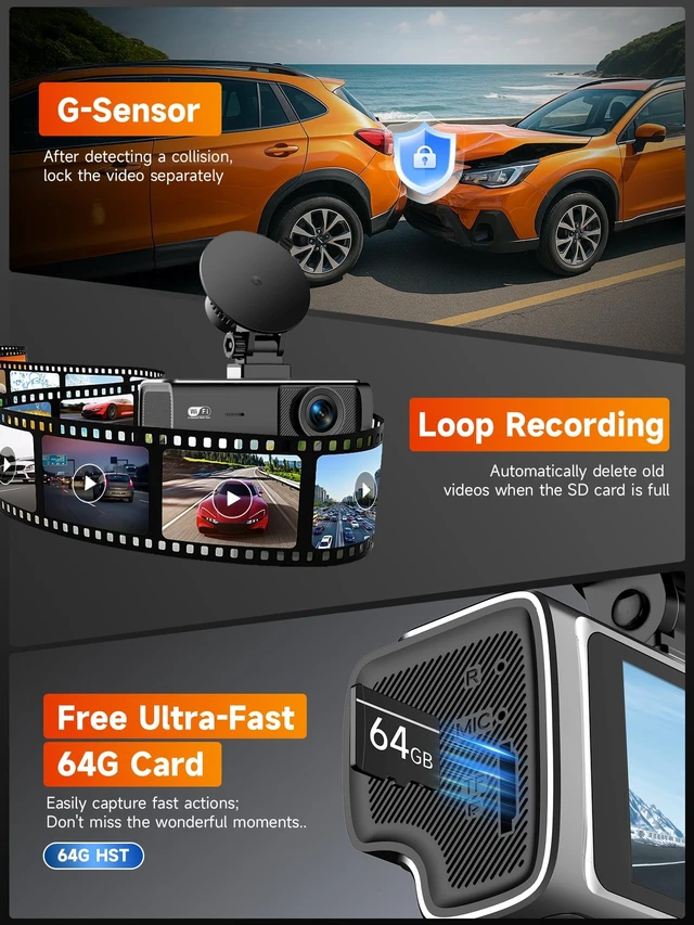 Alt view image 4 of 5 - 3 Channel Dash Cam Front and Rear Inside, 2.5K Front Cabin Recorder with Super Night Vision, WiFi App Control, Loop Recording, G-Sensor, 24H Parking Mode Dash Camera for Commuters & Family SUV