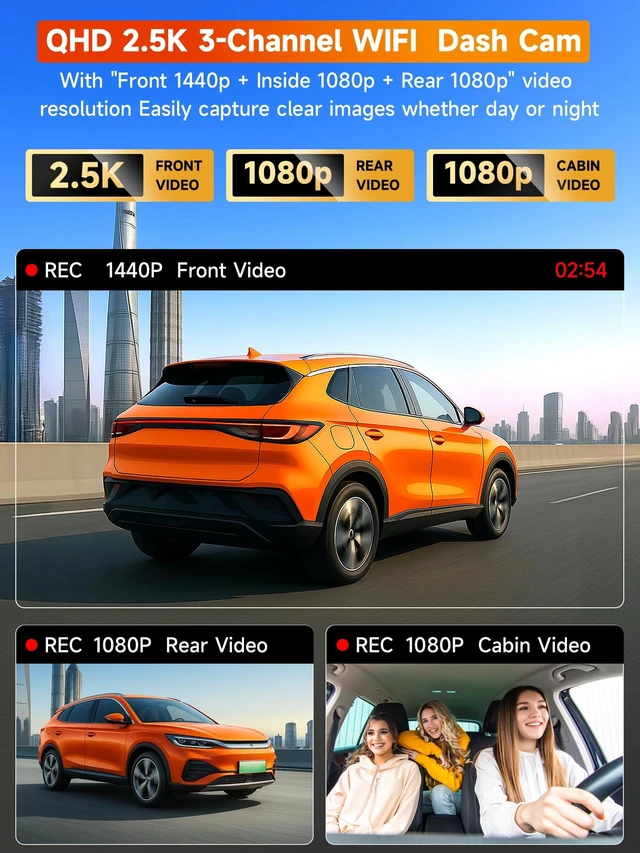 Alt view image 2 of 5 - 3 Channel Dash Cam Front and Rear Inside, 2.5K Front Cabin Recorder with Super Night Vision, WiFi App Control, Loop Recording, G-Sensor, 24H Parking Mode Dash Camera for Commuters & Family SUV