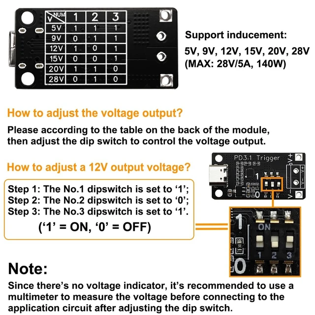 Alt view image 3 of 5 - 4PCS Type-C PD3.0/3.1 QC Trigger Module 5V 9V 12V 15V 20V 28V 5A Adjustable Voltage Fast Charge Power Trigger Board USB-C Female Input
