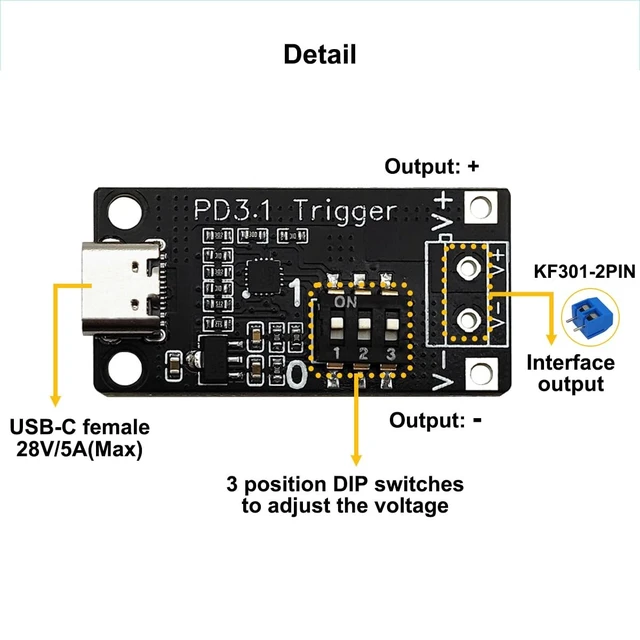 Alt view image 2 of 5 - 4PCS Type-C PD3.0/3.1 QC Trigger Module 5V 9V 12V 15V 20V 28V 5A Adjustable Voltage Fast Charge Power Trigger Board USB-C Female Input