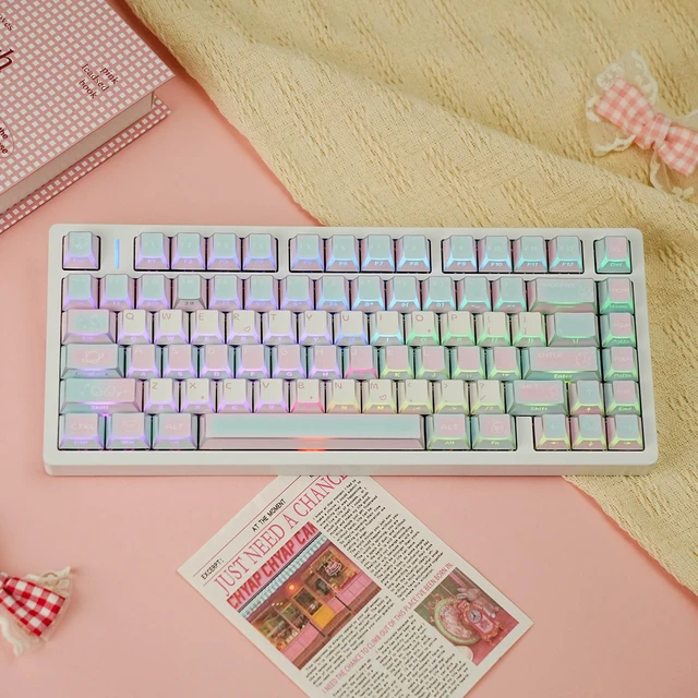 Alt view image 4 of 5 - Marshmallow Prism Shine Through Keycaps, PBT & PC Doubleshot Cherry Profile Keycap Set, 130-Key Side Printed Four-Sided Translucent Keycaps fit for Mechanical Keyboards with MX Switches