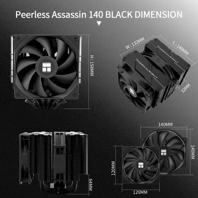 Alt view image 2 of 5 - Thermalright-TR Peerless Assassin 140 Black CPU Cooler, 6 Heat Pipes AGHP Technology,Dual PWM Fans with 1500RPM Speed, Double Towers Cooler,for AM5/AM4&Intel LGA 1700/1851/1150/1151/120