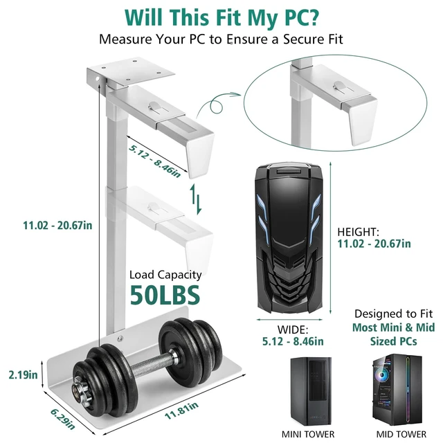 Alt view image 2 of 5 - Adjustable Under Desk PC Tower Mount,Clamp-on Computer Case Holder withStorage Shelf, Height Adjustable Metal PCHanger Stand for ATX MATX ITX, SpaceSaving Gaming PC Organizer for OfficeHome < White>