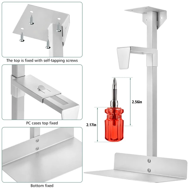Alt view image 4 of 5 - Adjustable Under Desk PC Tower Mount,Clamp-on Computer Case Holder withStorage Shelf, Height Adjustable Metal PCHanger Stand for ATX MATX ITX, SpaceSaving Gaming PC Organizer for OfficeHome < White>