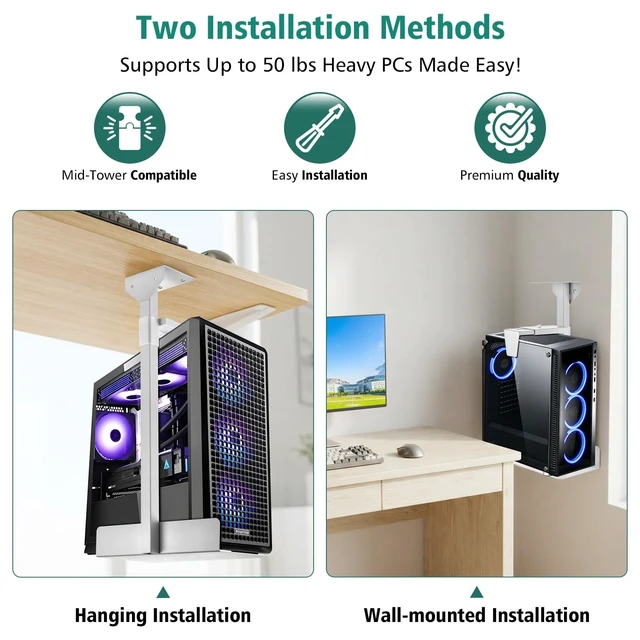 Alt view image 5 of 5 - Adjustable Under Desk PC Tower Mount,Clamp-on Computer Case Holder withStorage Shelf, Height Adjustable Metal PCHanger Stand for ATX MATX ITX, SpaceSaving Gaming PC Organizer for OfficeHome < White>