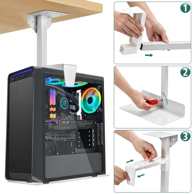 Alt view image 3 of 5 - Adjustable Under Desk PC Tower Mount,Clamp-on Computer Case Holder withStorage Shelf, Height Adjustable Metal PCHanger Stand for ATX MATX ITX, SpaceSaving Gaming PC Organizer for OfficeHome < White>