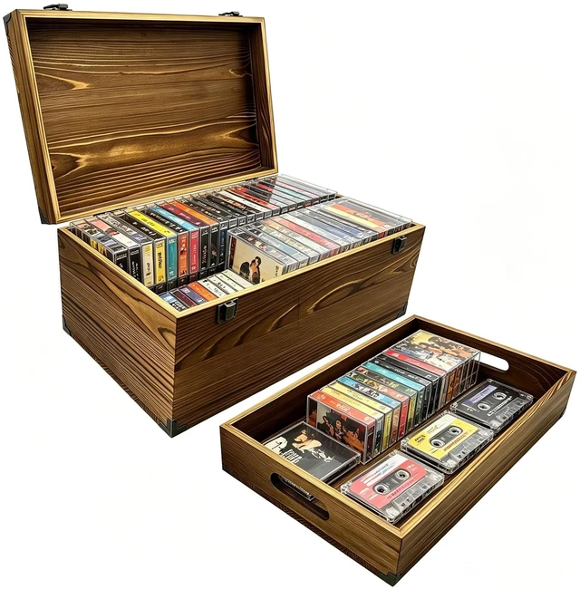 Main image of Cipmodu Vintage Solid Wood Cassette Tape Storage Box with Tray
