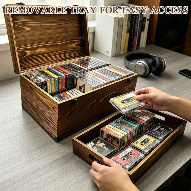 Alt view image 4 of 5 - Cipmodu Vintage Solid Wood Cassette Tape Storage Box with Tray