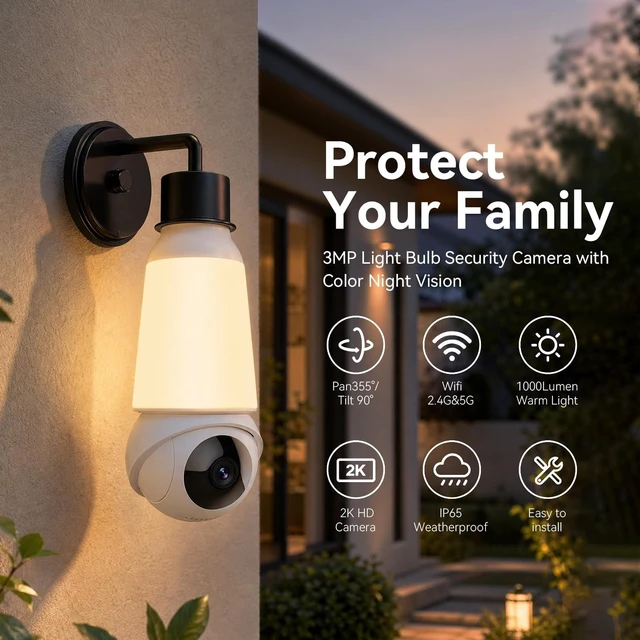 Alt view image 2 of 5 - 2K Light Bulb Security Cameras, 355Pan & 90Tilt Light Bulb Camera Outdoor indoor, 5G&2.4G WiFi PTZ Camera for Home Security with Color Night Vision, Two-Way Talk, Motion Detection, SD/Cloud Storage