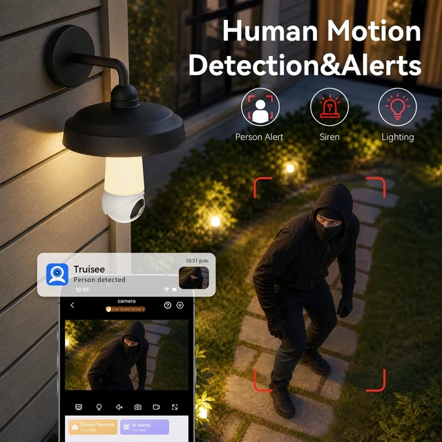 Alt view image 3 of 5 - 2K Light Bulb Security Cameras, 355Pan & 90Tilt Light Bulb Camera Outdoor indoor, 5G&2.4G WiFi PTZ Camera for Home Security with Color Night Vision, Two-Way Talk, Motion Detection, SD/Cloud Storage