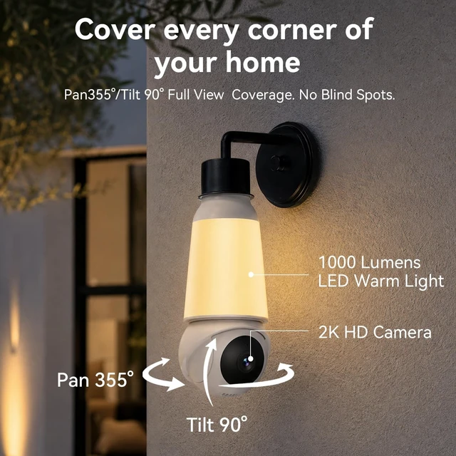 Alt view image 4 of 5 - 2K Light Bulb Security Cameras, 355Pan & 90Tilt Light Bulb Camera Outdoor indoor, 5G&2.4G WiFi PTZ Camera for Home Security with Color Night Vision, Two-Way Talk, Motion Detection, SD/Cloud Storage