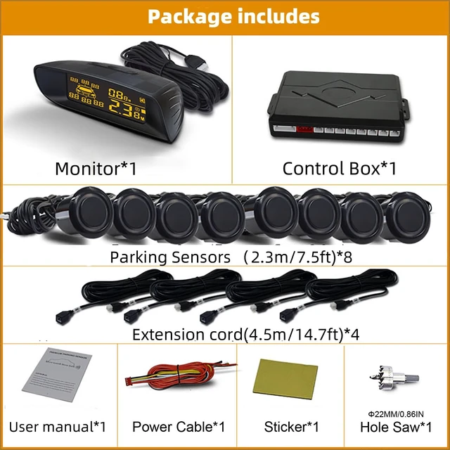 Alt view image 2 of 5 - Front & Rear 8 Parking Sensor Kit with LCD Display Parktronic 22mm Probes Reverse Backup Radar System Distance Detection Sound Warning for Vehicle car SUV