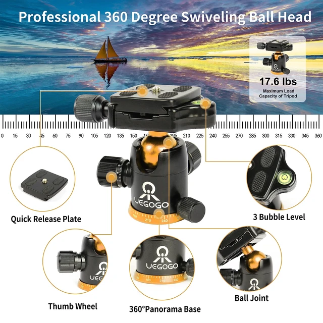 Alt view image 3 of 5 - Tripod for Camera, 77" Camera Tripod Stand, 360 Ball Head Professional Aluminum DSLR Tripod & Monopod, Heavy Duty Travel Tripod Compatible with Canon Nikon Binoculars Laser Telescope(Gold)