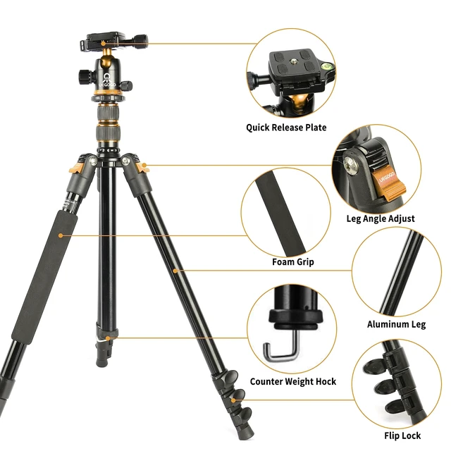 Alt view image 2 of 5 - Tripod for Camera, 77" Camera Tripod Stand, 360 Ball Head Professional Aluminum DSLR Tripod & Monopod, Heavy Duty Travel Tripod Compatible with Canon Nikon Binoculars Laser Telescope(Gold)