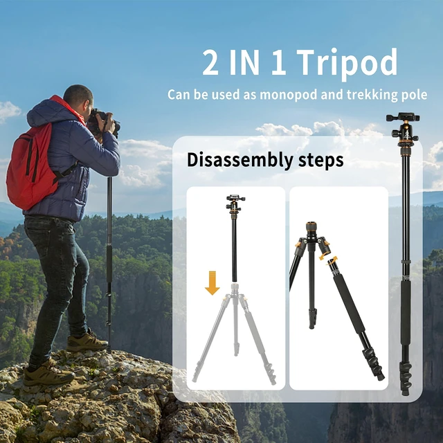 Alt view image 5 of 5 - Tripod for Camera, 77" Camera Tripod Stand, 360 Ball Head Professional Aluminum DSLR Tripod & Monopod, Heavy Duty Travel Tripod Compatible with Canon Nikon Binoculars Laser Telescope(Gold)