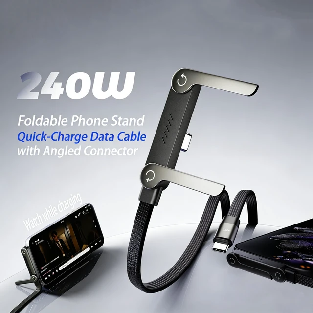 Alt view image 3 of 5 - 240W USB C to USB C Fast Cable with Invisible Phone Stand, 90 Flat Cord