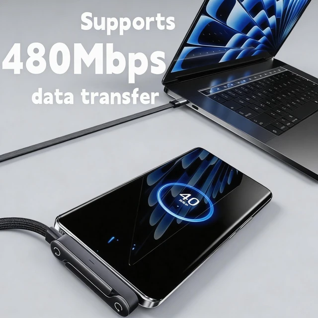 Alt view image 2 of 5 - 240W USB C to USB C Fast Cable with Invisible Phone Stand, 90 Flat Cord