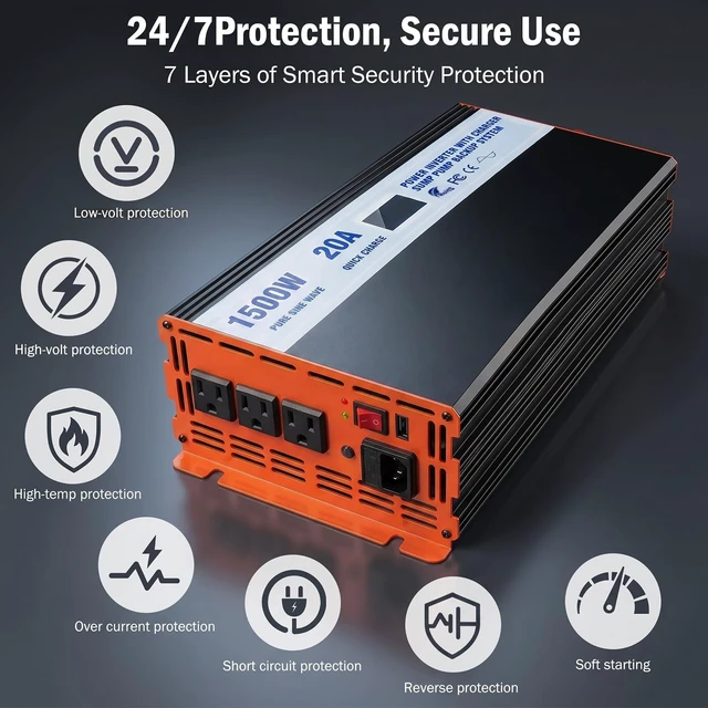 Alt view image 3 of 5 - Sump Pump Battery Backup System, 1500W Pure Sine Wave Inverter with LCD Display, Auto Switches to Battery Power for Continuous Sump Pump Operation, for Basement Flood Protection&Power Outage Emergency