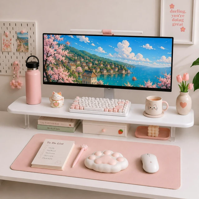 Main image of Bamboo Monitor Riser, Wide Desktop Monitor Stand for Desk with Clear Acrylic Legs, 31.5 x 8 inch Bamboo Wood Shelf, Fit Keyboard, Home Office Workspace Accessories, Study Stationaries Storage (White)