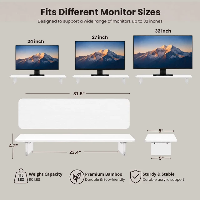 Alt view image 2 of 5 - Bamboo Monitor Riser, Wide Desktop Monitor Stand for Desk with Clear Acrylic Legs, 31.5 x 8 inch Bamboo Wood Shelf, Fit Keyboard, Home Office Workspace Accessories, Study Stationaries Storage (White)