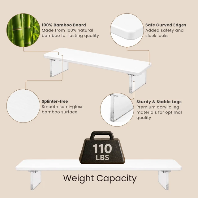 Alt view image 4 of 5 - Bamboo Monitor Riser, Wide Desktop Monitor Stand for Desk with Clear Acrylic Legs, 31.5 x 8 inch Bamboo Wood Shelf, Fit Keyboard, Home Office Workspace Accessories, Study Stationaries Storage (White)