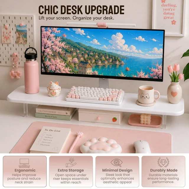 Alt view image 5 of 5 - Bamboo Monitor Riser, Wide Desktop Monitor Stand for Desk with Clear Acrylic Legs, 31.5 x 8 inch Bamboo Wood Shelf, Fit Keyboard, Home Office Workspace Accessories, Study Stationaries Storage (White)