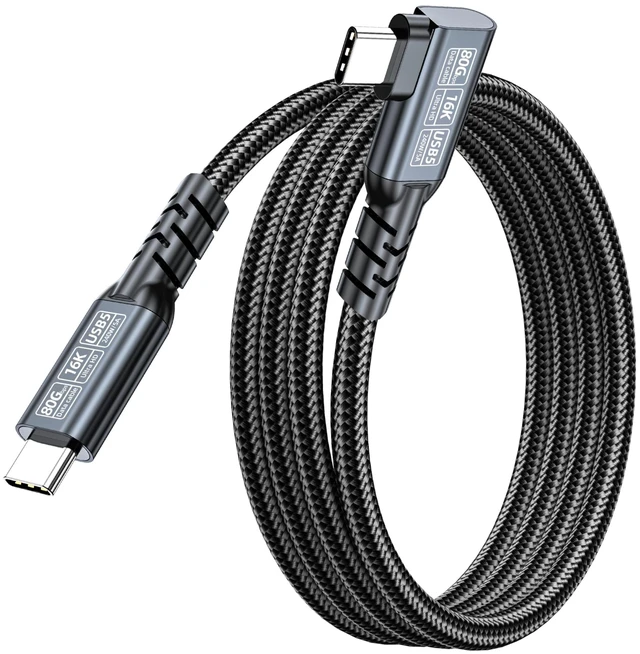 Main image of JUIXINVIM USB5 Long Data Cable, USB4 80Gbps USB C to USB C Cable 240W PD 3.1, 90 Degree Right Angle, High-Resolution Video, Thunderbolt 4/3 Compatible, Braided Type C Cord, Black 6.56FT