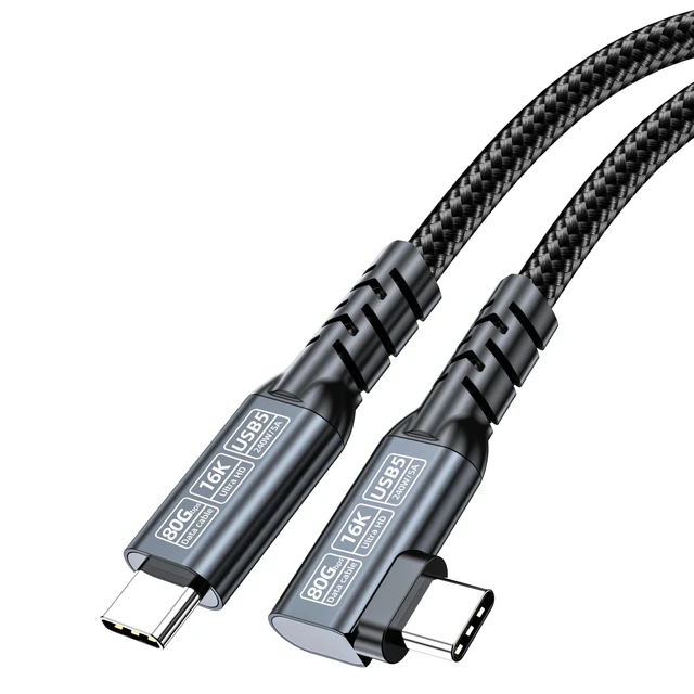 Alt view image 2 of 2 - JUIXINVIM USB5 Long Data Cable, USB4 80Gbps USB C to USB C Cable 240W PD 3.1, 90 Degree Right Angle, High-Resolution Video, Thunderbolt 4/3 Compatible, Braided Type C Cord, Black 6.56FT