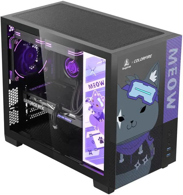 Alt view image 3 of 7 - Segotep Memphis-S Ninja Meow M-ATX Gaming PC Case with Lightning Panel, Tempered Glass Panels, Support 40 Series GPU, USB 3.0, and 240MM Radiator - Purple