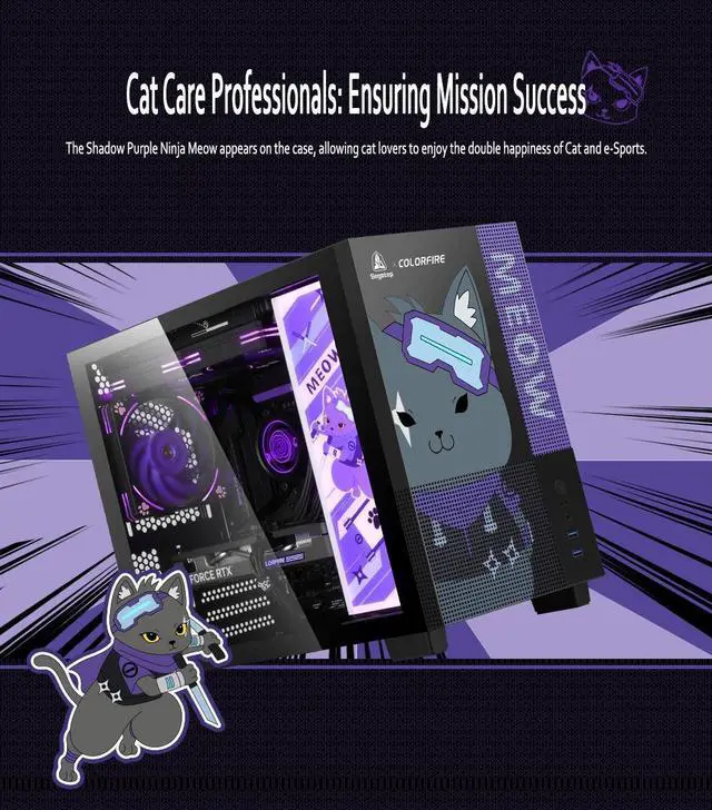 Alt view image 7 of 7 - Segotep Memphis-S Ninja Meow M-ATX Gaming PC Case with Lightning Panel, Tempered Glass Panels, Support 40 Series GPU, USB 3.0, and 240MM Radiator - Purple