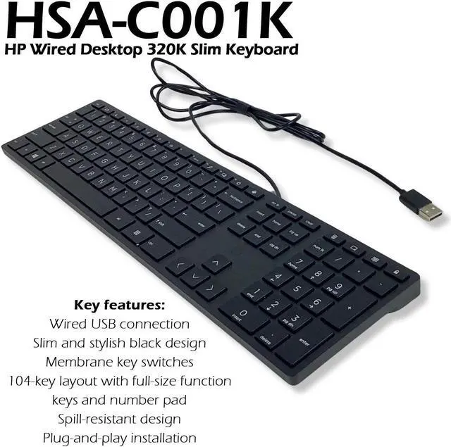 Alt view image 3 of 7 - HP Smart Buy Wired 320K Slim Keyboard Black 108 Keys USB-A HSA-C001K L96909-001