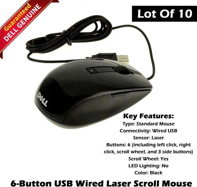 Main image of Lot x 10 Dell Premium 6-Button USB Wired Laser Scroll Mouse Black V7623 J660D